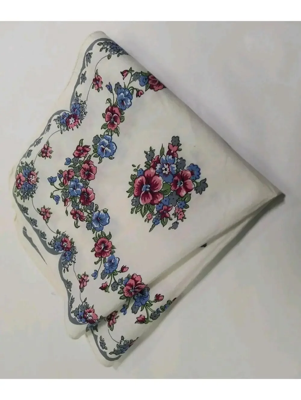 Vintage Hankie Cotton Gray White Floral Periwinkle Floral Handkerchief Placemat